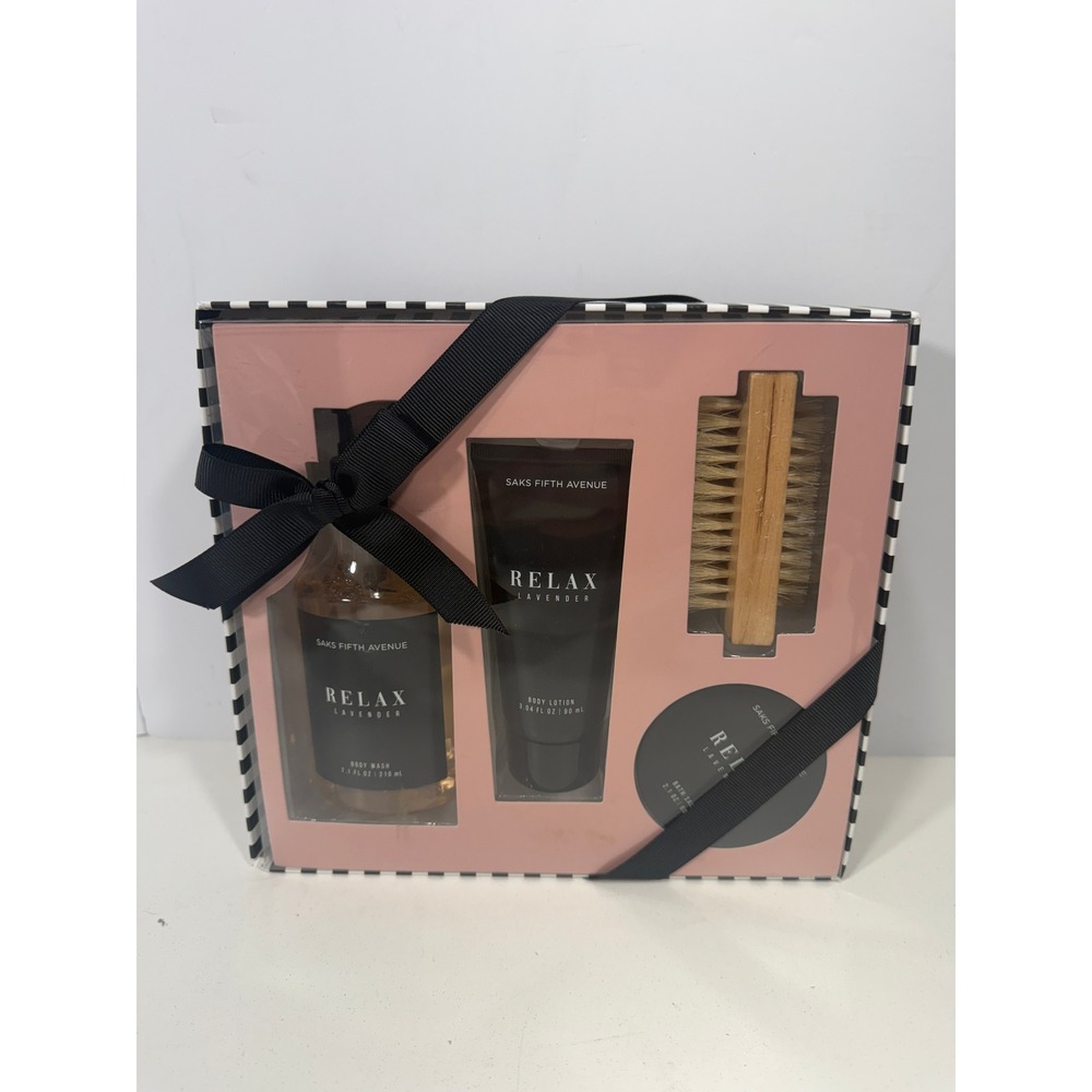 Saks Fifth Avenue Relax Lavender Spa Set 4-Piece Body Wash Lotion Salt Brush NEW
